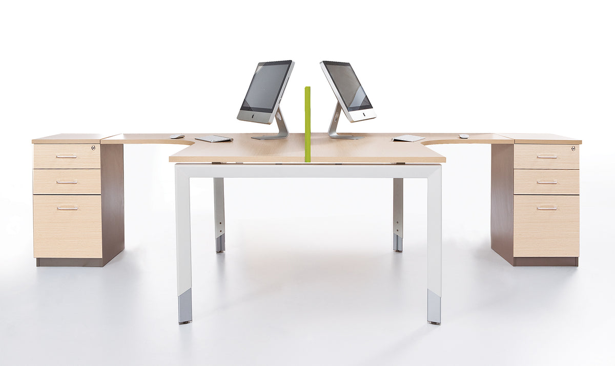 Oblique Corner Workstation Soft Maple - 2 Drawer &amp; File drawer Fixed Pedestal included